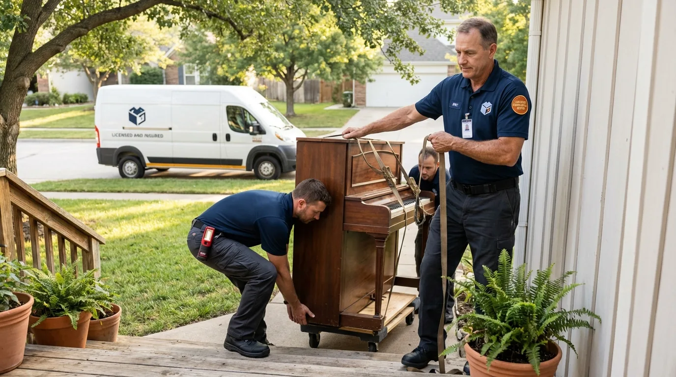Licensed piano movers securing grand piano in Ossining, NY