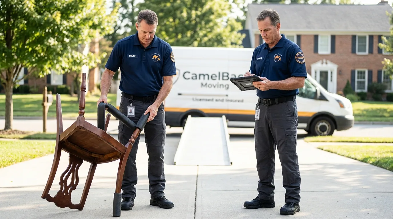 Movers inspecting furniture for damage prevention before loading in Ossining, NY